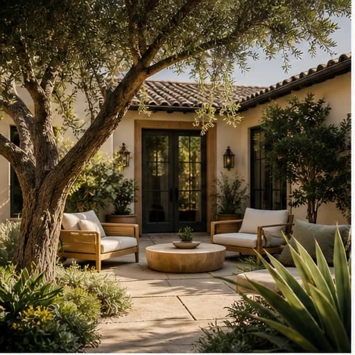 Sunlit private courtyard with native greenery