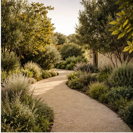 Garden path through calm greenery