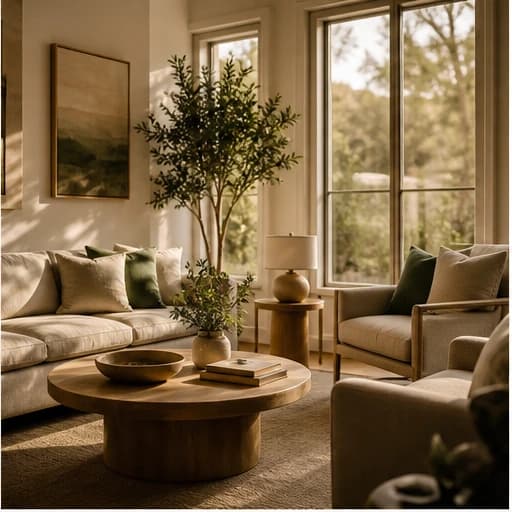 Quiet lounge with warm seating and soft daylight