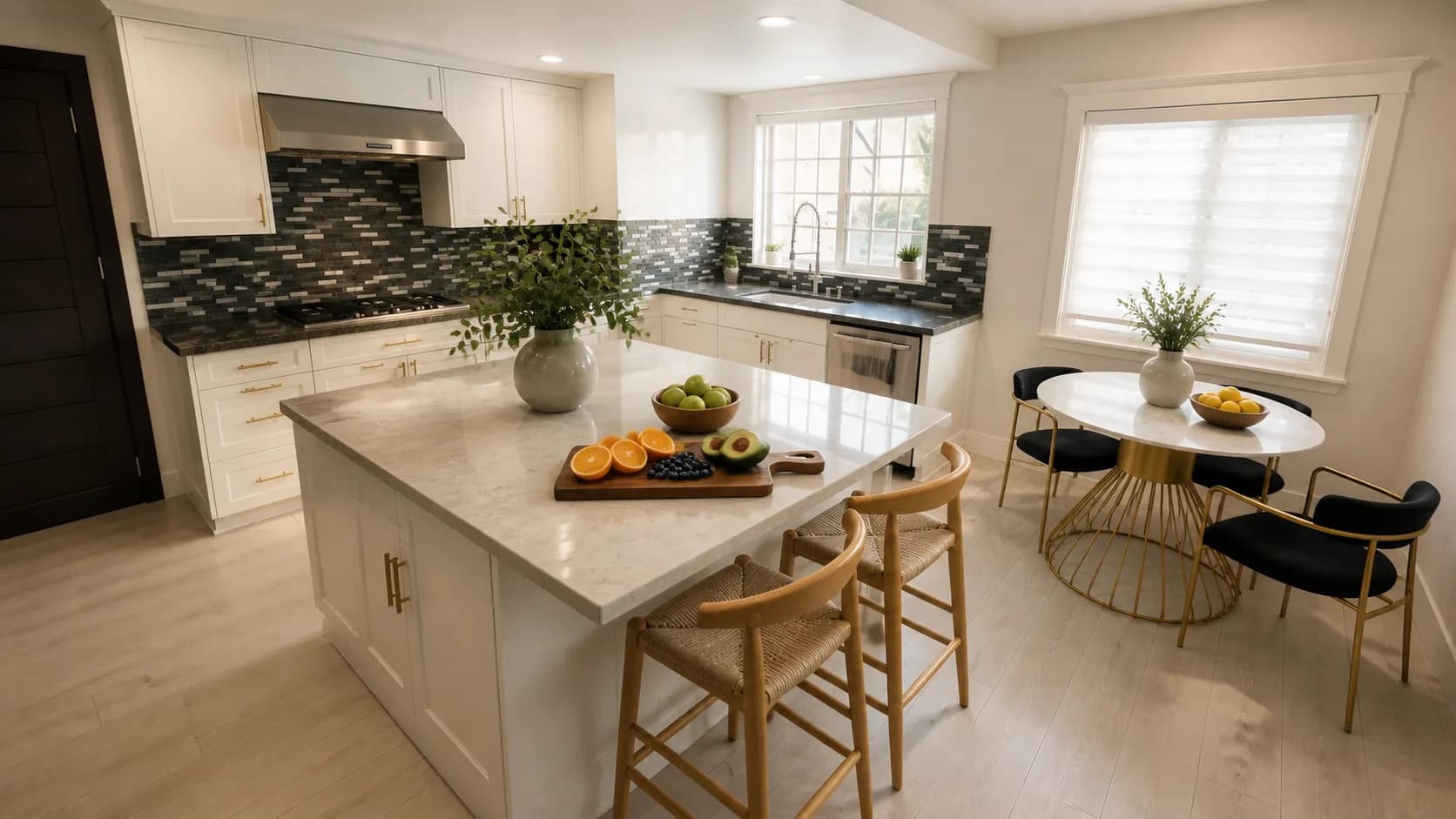 The residence kitchen in daylight: a marble island with bar stools, fruit on a board, and a round dining table at the window.