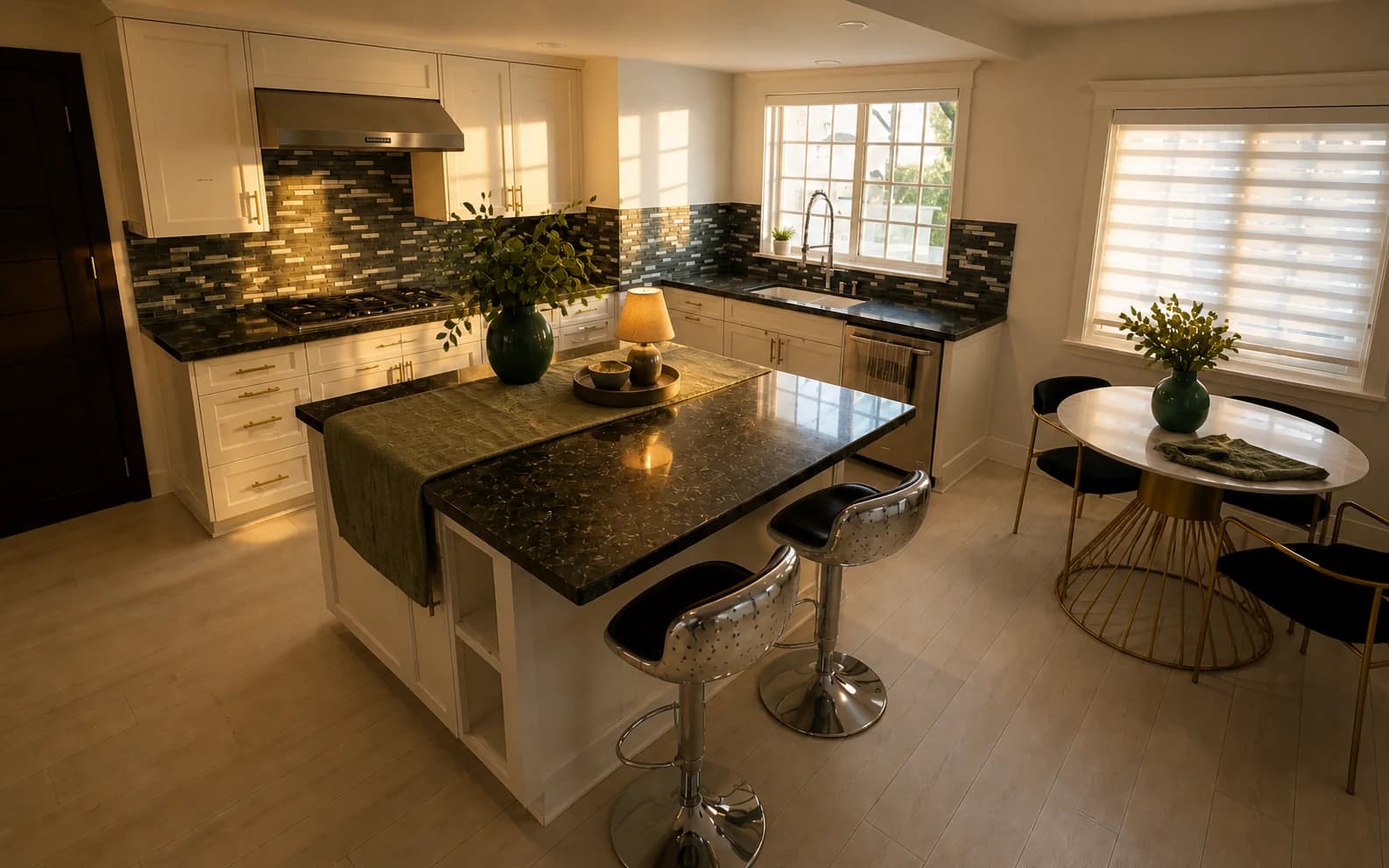 Residence kitchen with a black granite island, bar stools, and a round dining table by the window.