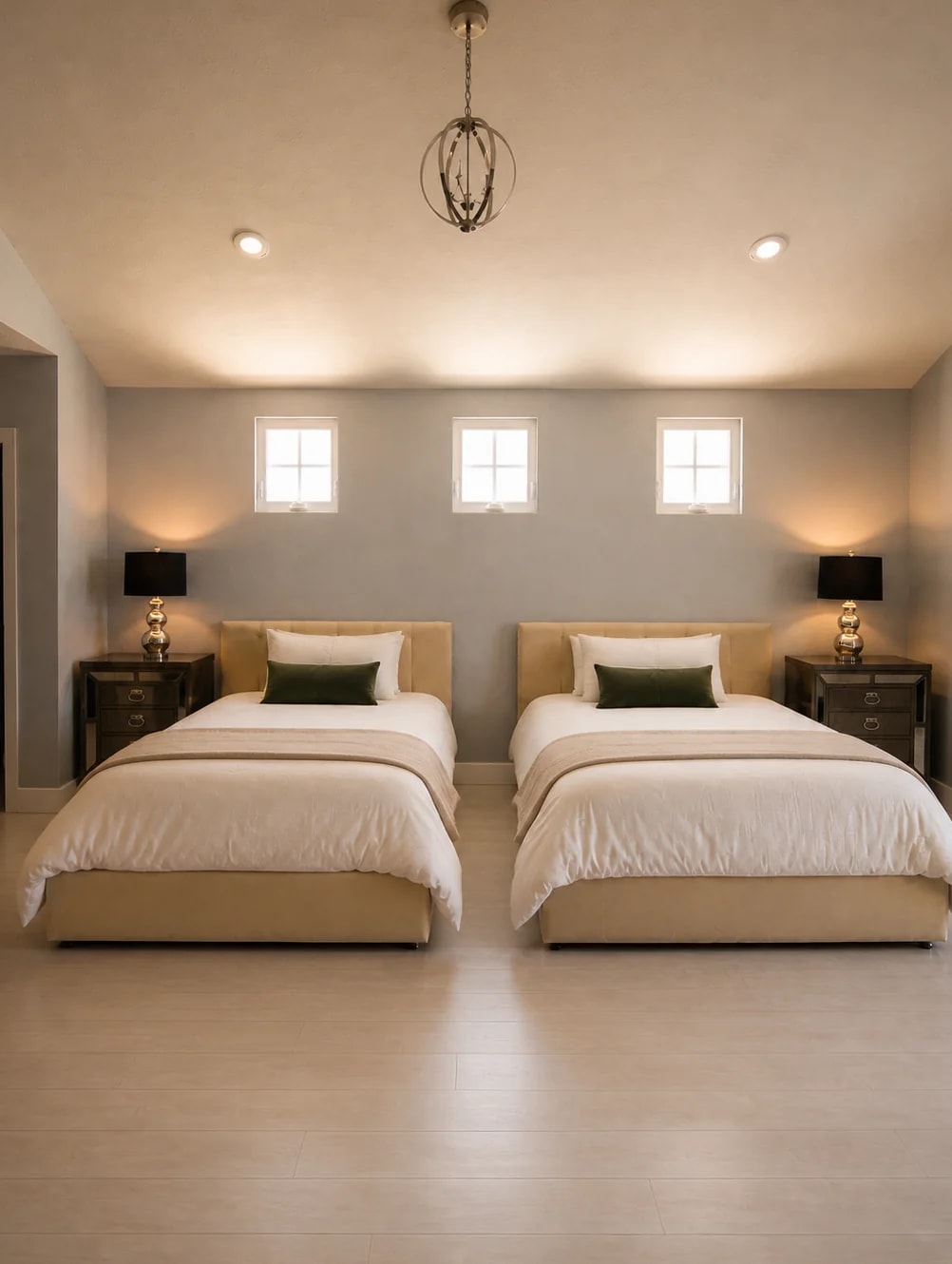 A twin guest room at Providence Detox, two beds made up under a caged pendant light and three small windows.