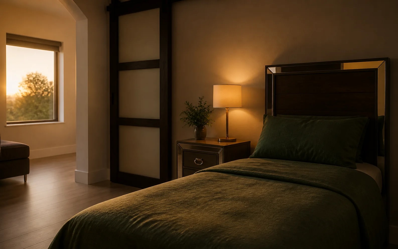 Warm evening bedroom with a green blanket, a lit bedside lamp, and a window onto the sunset.