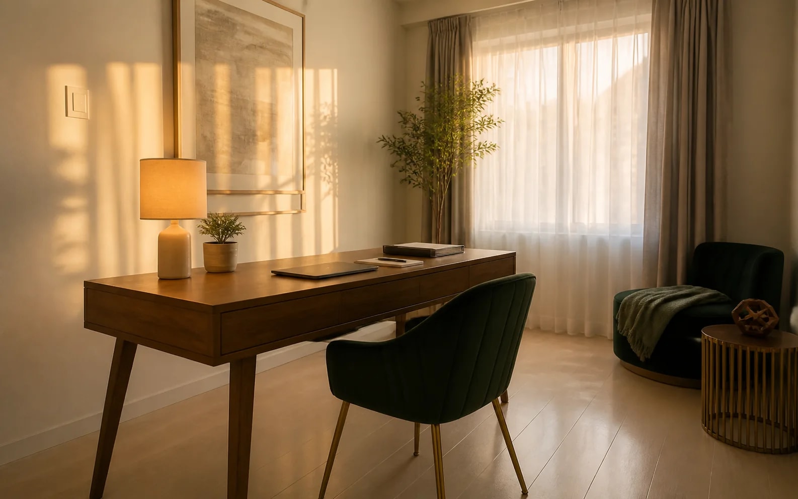 Quiet desk by a curtained window with a table lamp, an open notebook and a green chair.