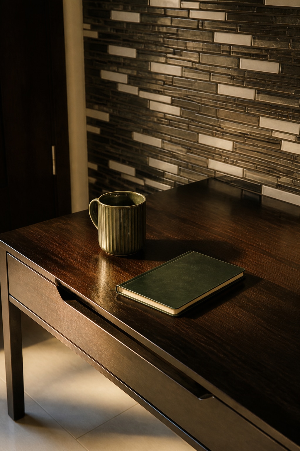 A green mug and closed notebook on a wooden counter beside a stone tile wall.
