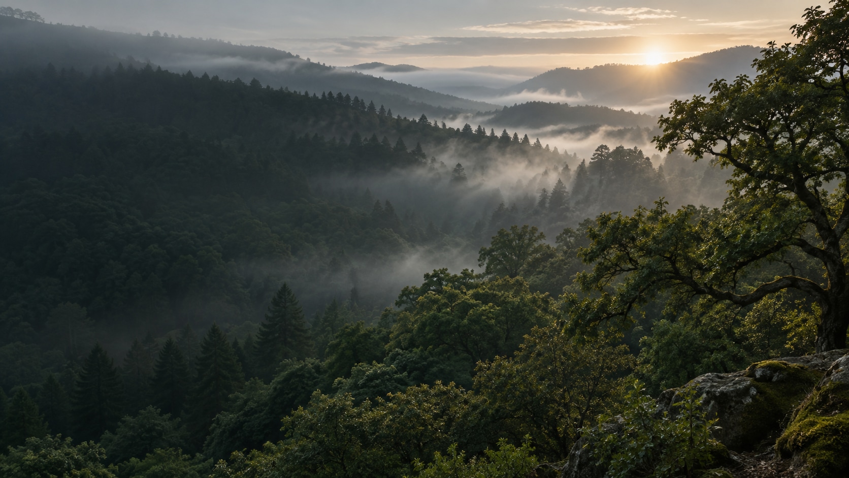 Mist across forested hills at sunrise.