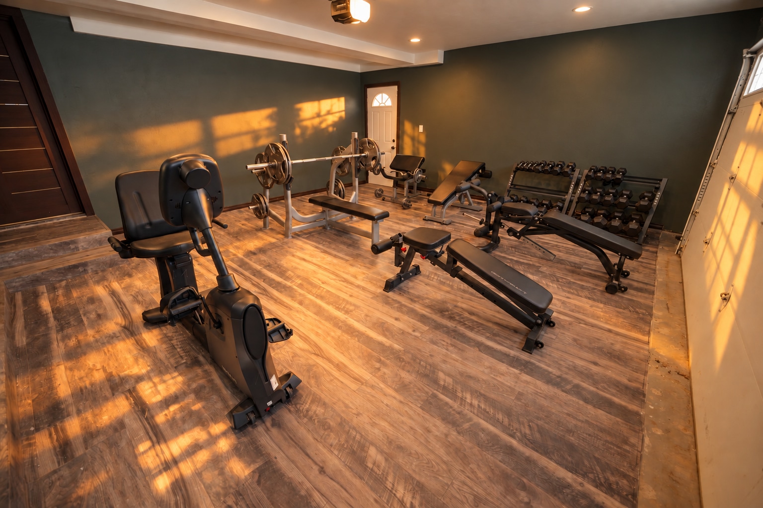 Exercise bikes, strength equipment and dumbbells in the residence gym.