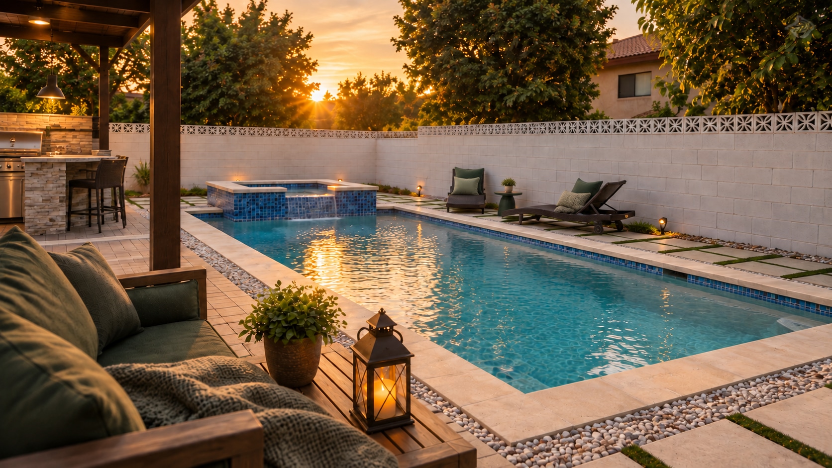 Outdoor pool beside a covered terrace at sunset.