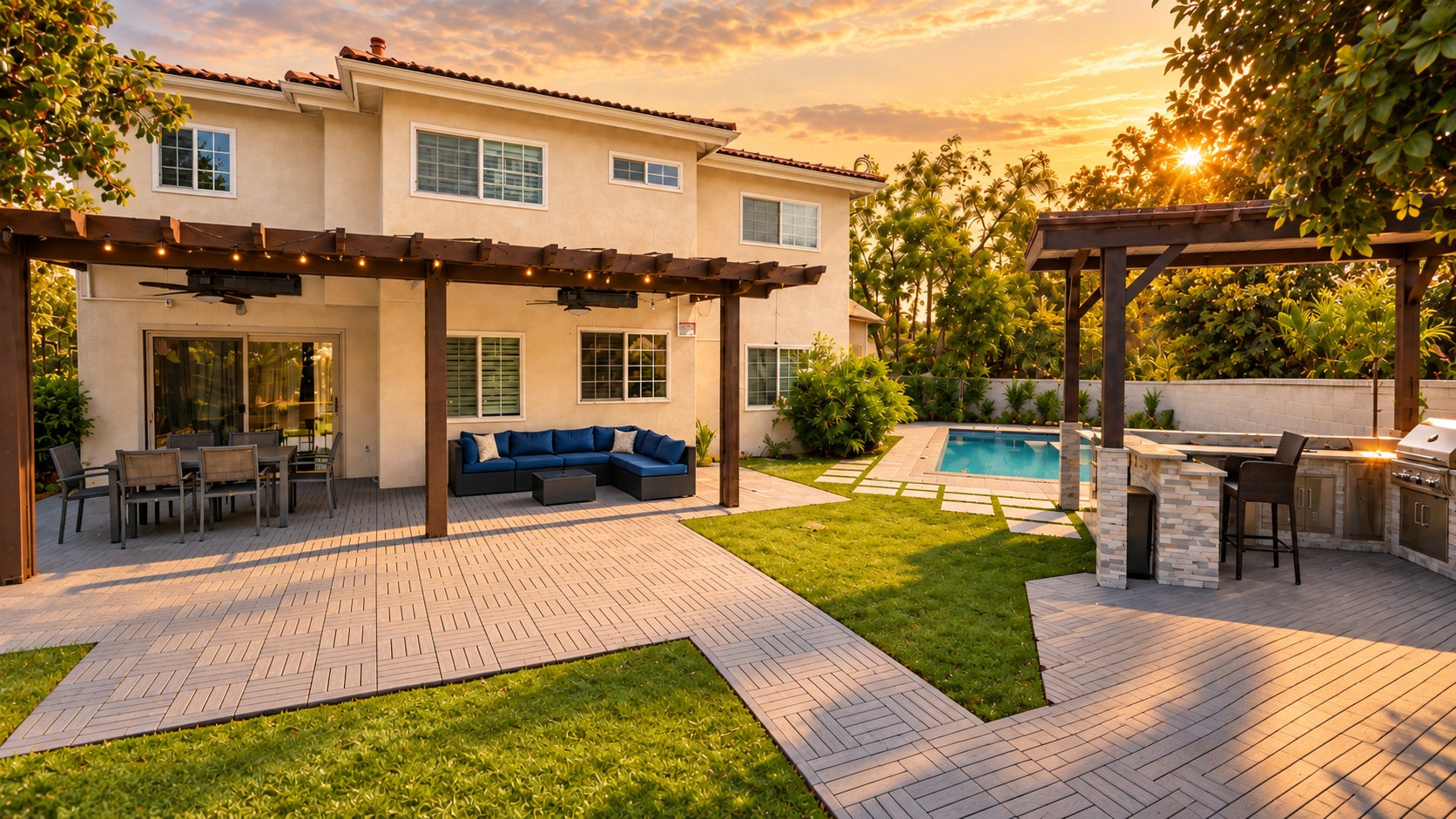Residence backyard with a pergola terrace and lawn at sunset.