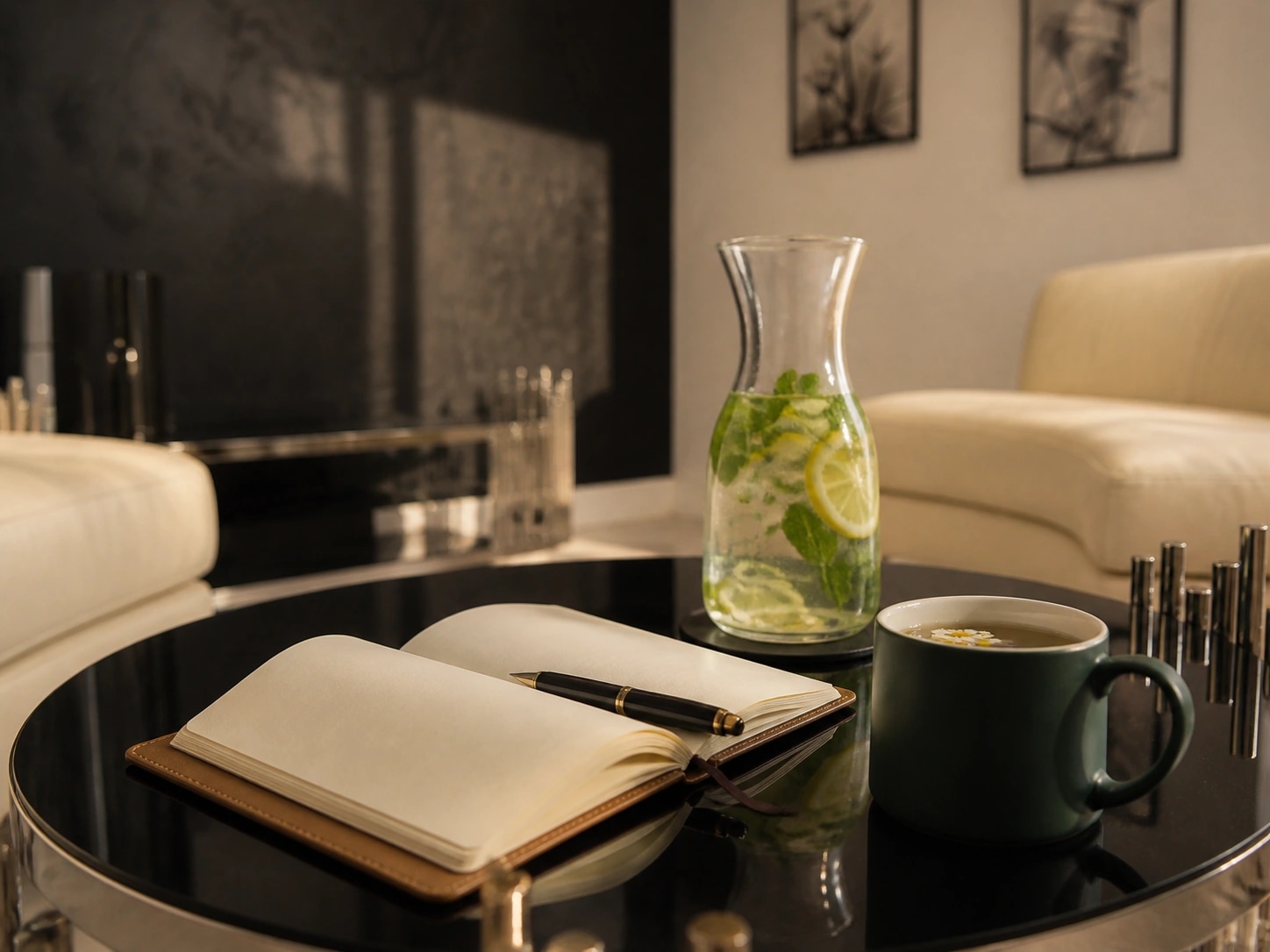 Notebook, mug and water pitcher on a living room table.