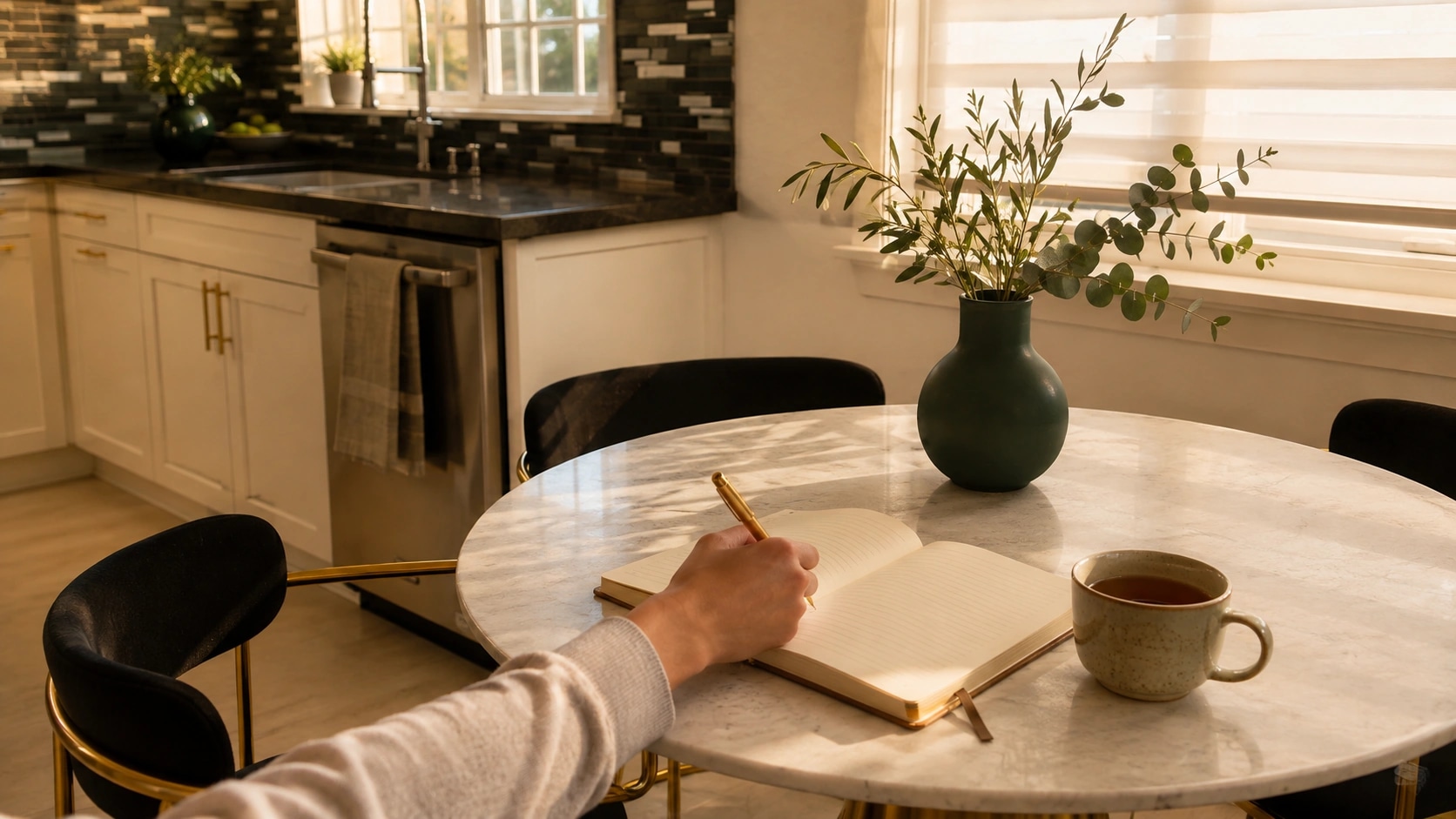 Journaling at a round dining table in daylight.