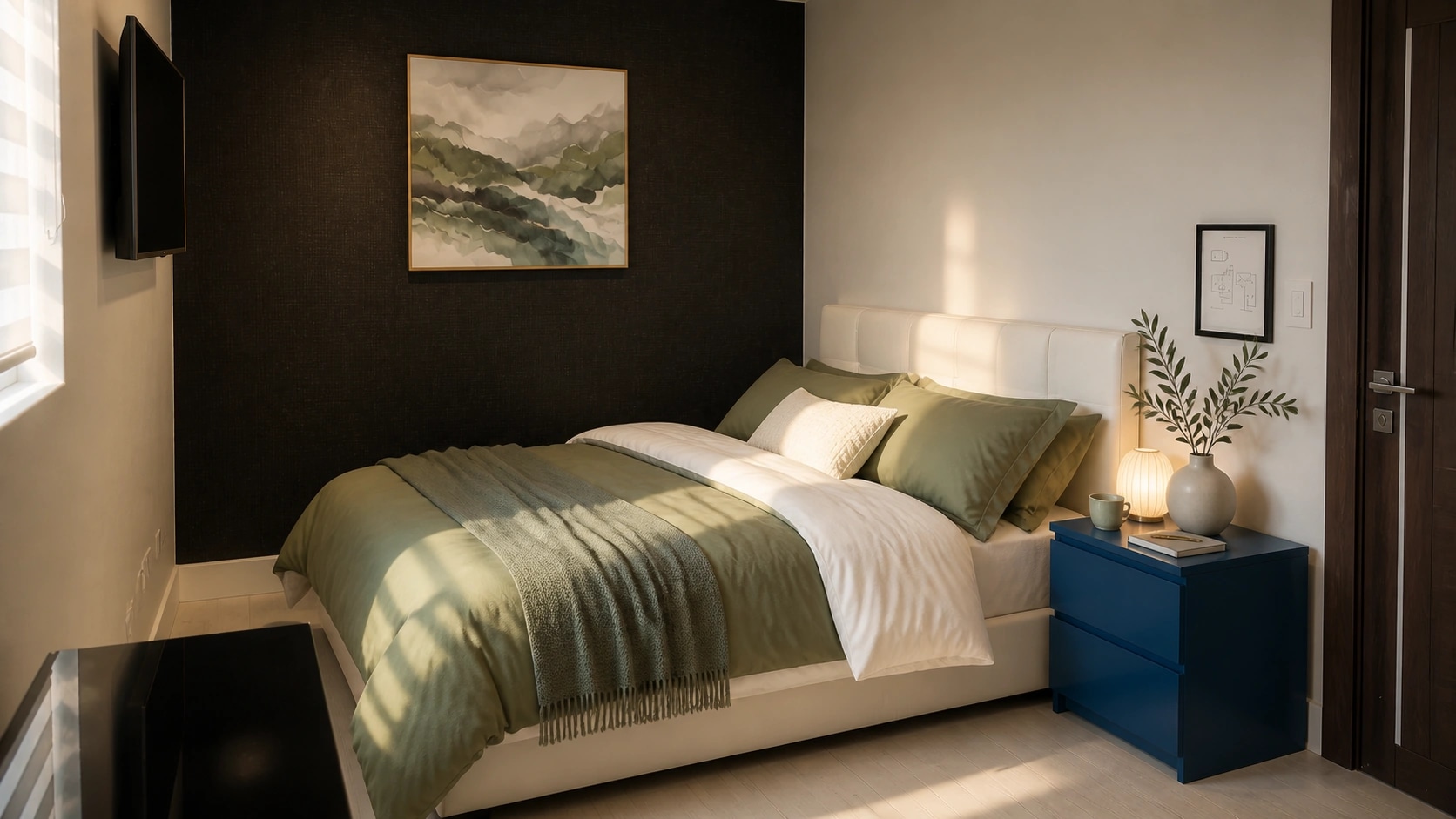 A bedroom with white bedding and blue bedside drawers.