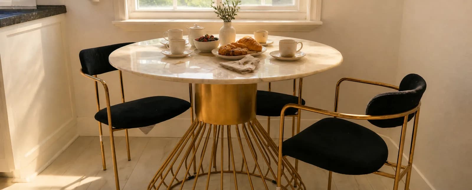 A round marble dining table with a gold base set for breakfast at Providence Detox.