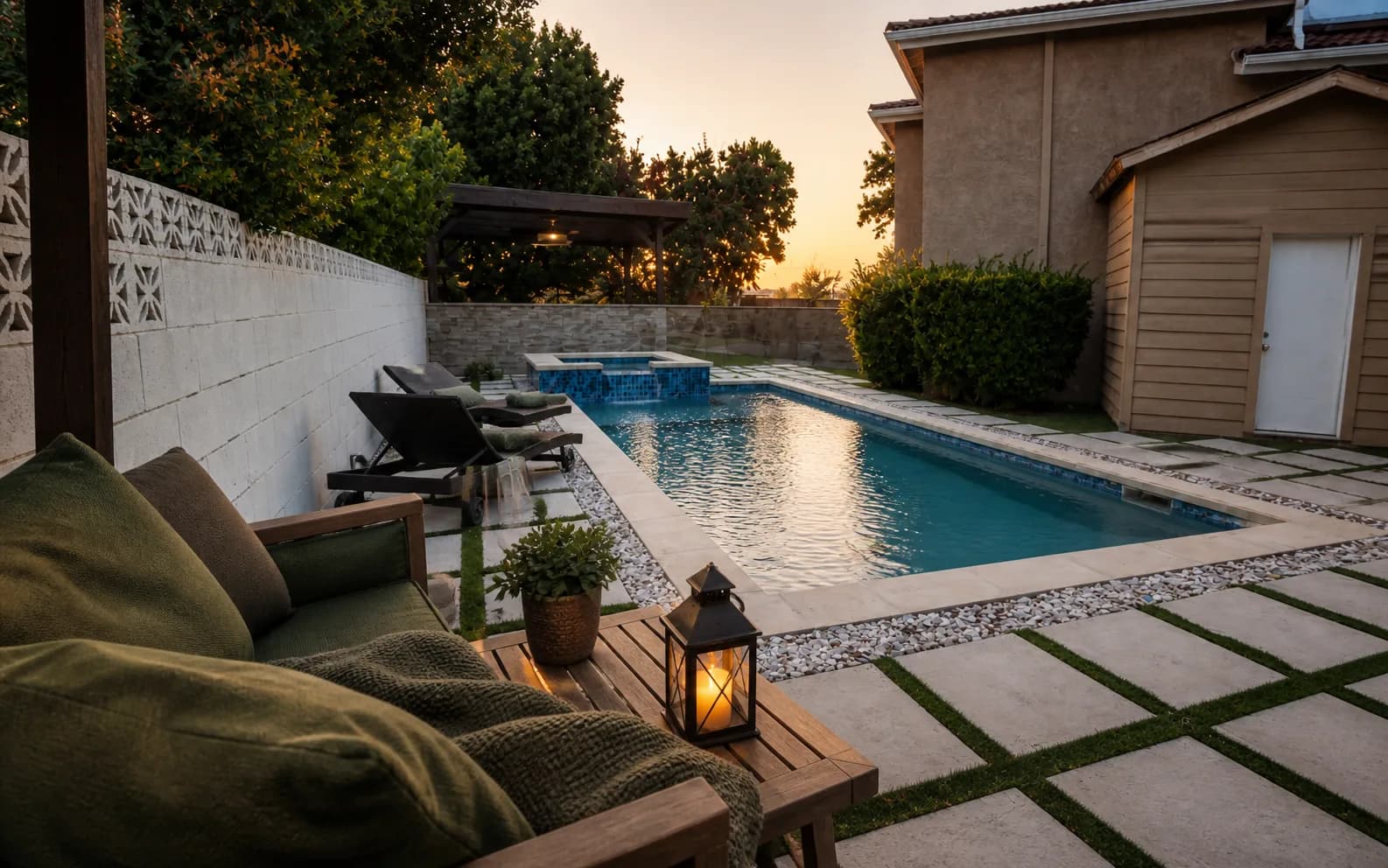 The pool terrace at Providence Detox at dusk, lantern light beside lounge seating.