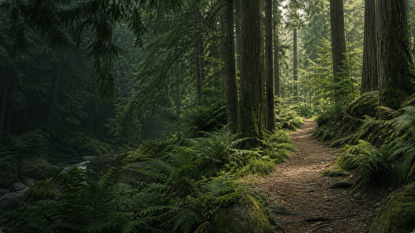 A path through a forest with moss and ferns.