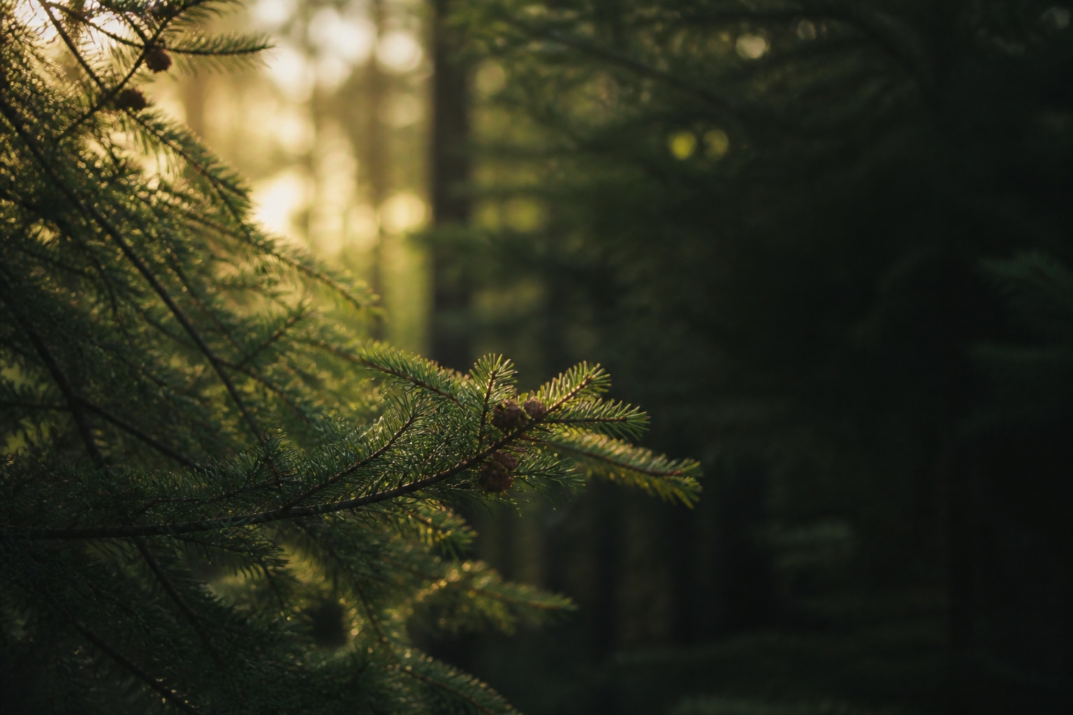 Evergreen branches lit by sunlight in a forest.