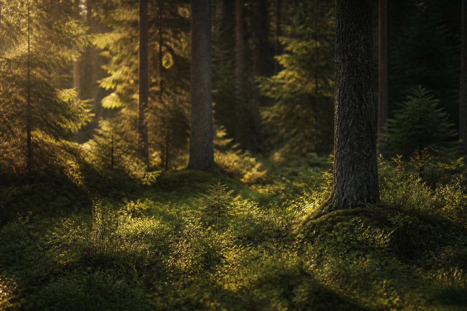 Sunlight between tree trunks on the forest floor.