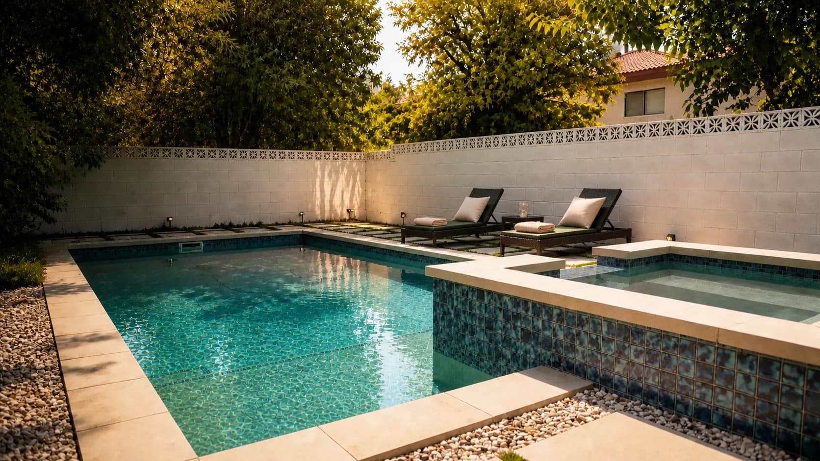Pool terrace with loungers against a white decorative-block wall.