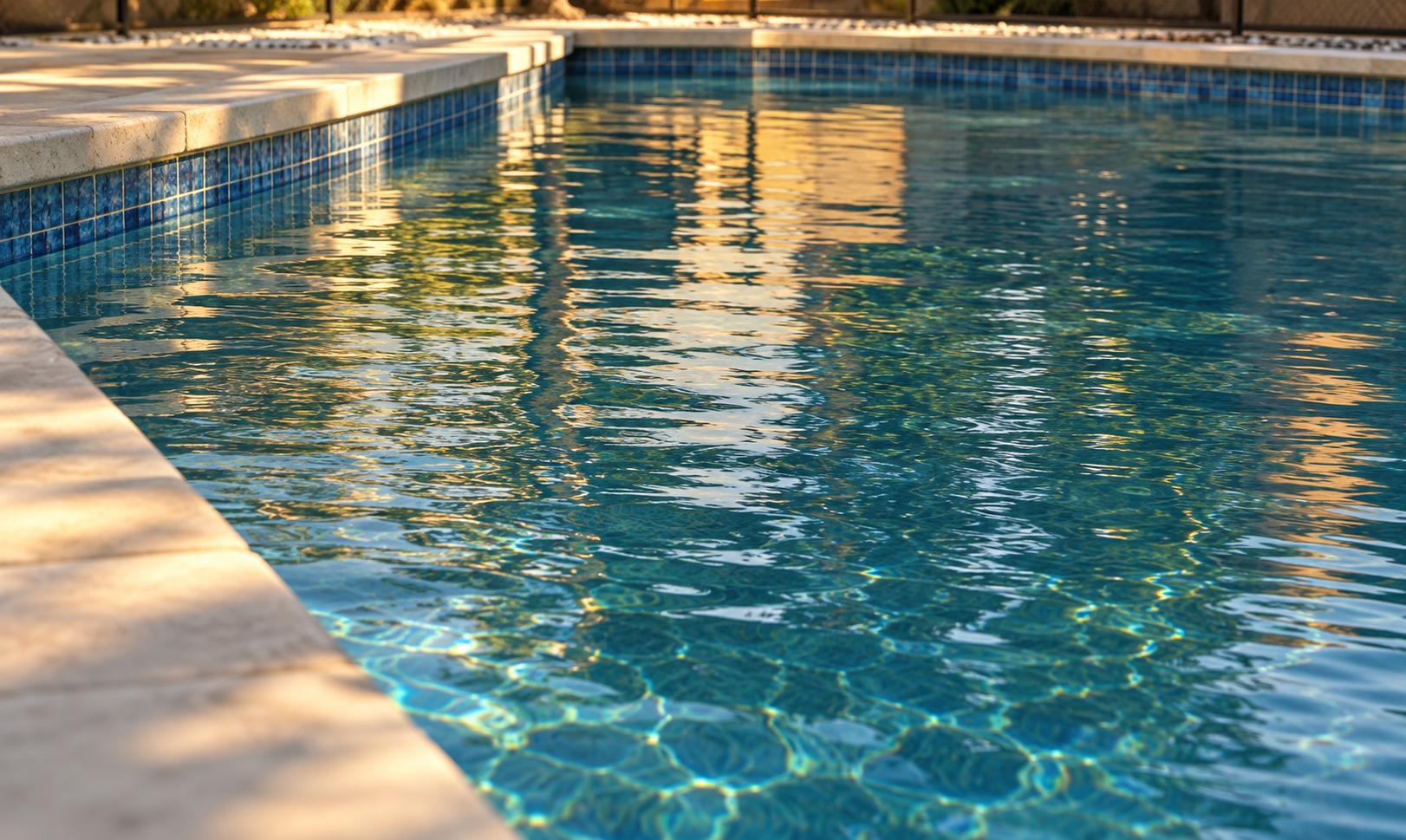 Sunlight reflected across blue swimming pool water.