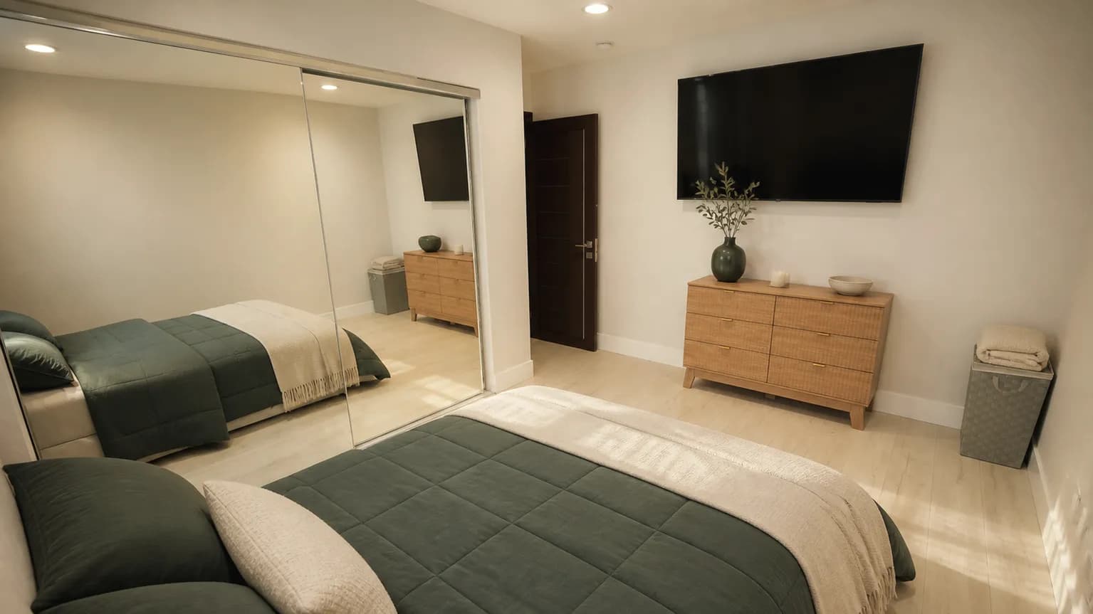 Warm private bedroom with one neatly made bed and soft natural light.