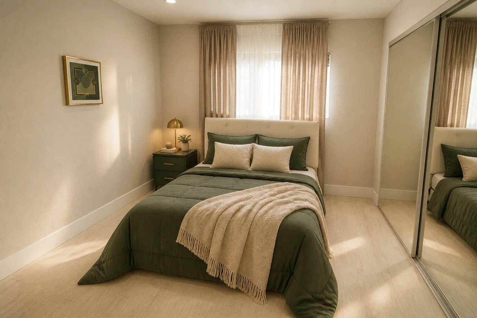 Warm private bedroom with one neatly made bed and soft natural light.