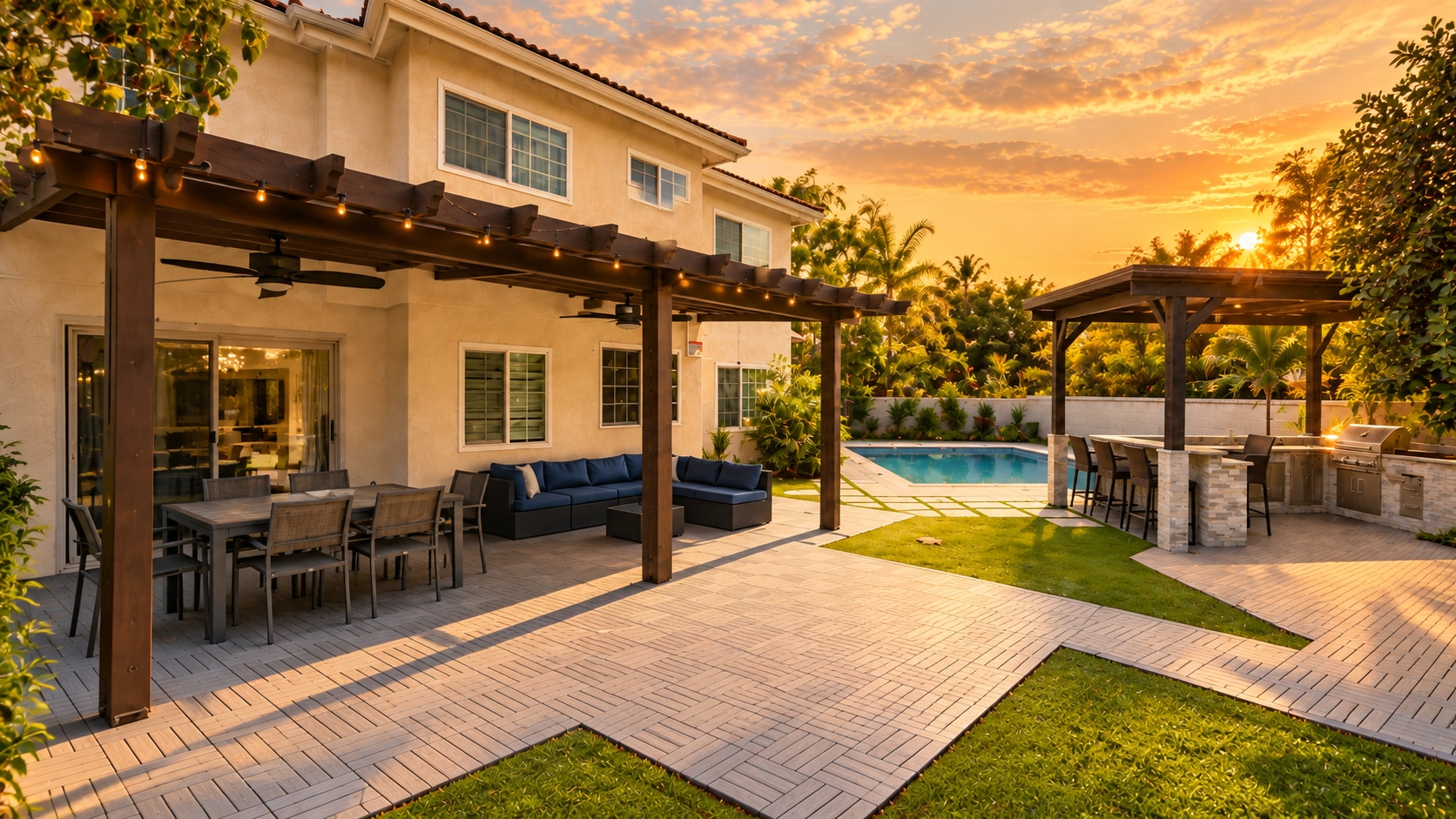 Two-storey residence at dusk, lit pergola seating on the patio and lawn running down to the pool.