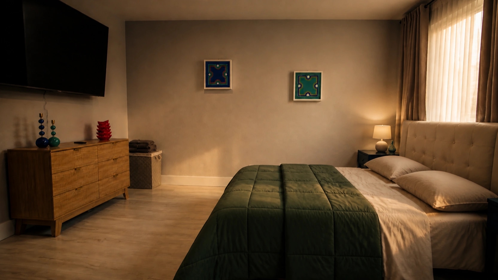 A quiet bedroom with green bedding and a bedside lamp.