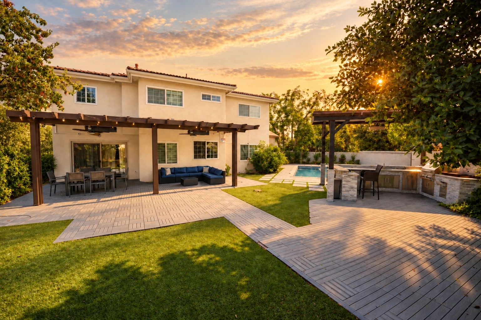 Residence backyard with a shaded terrace at sunset.