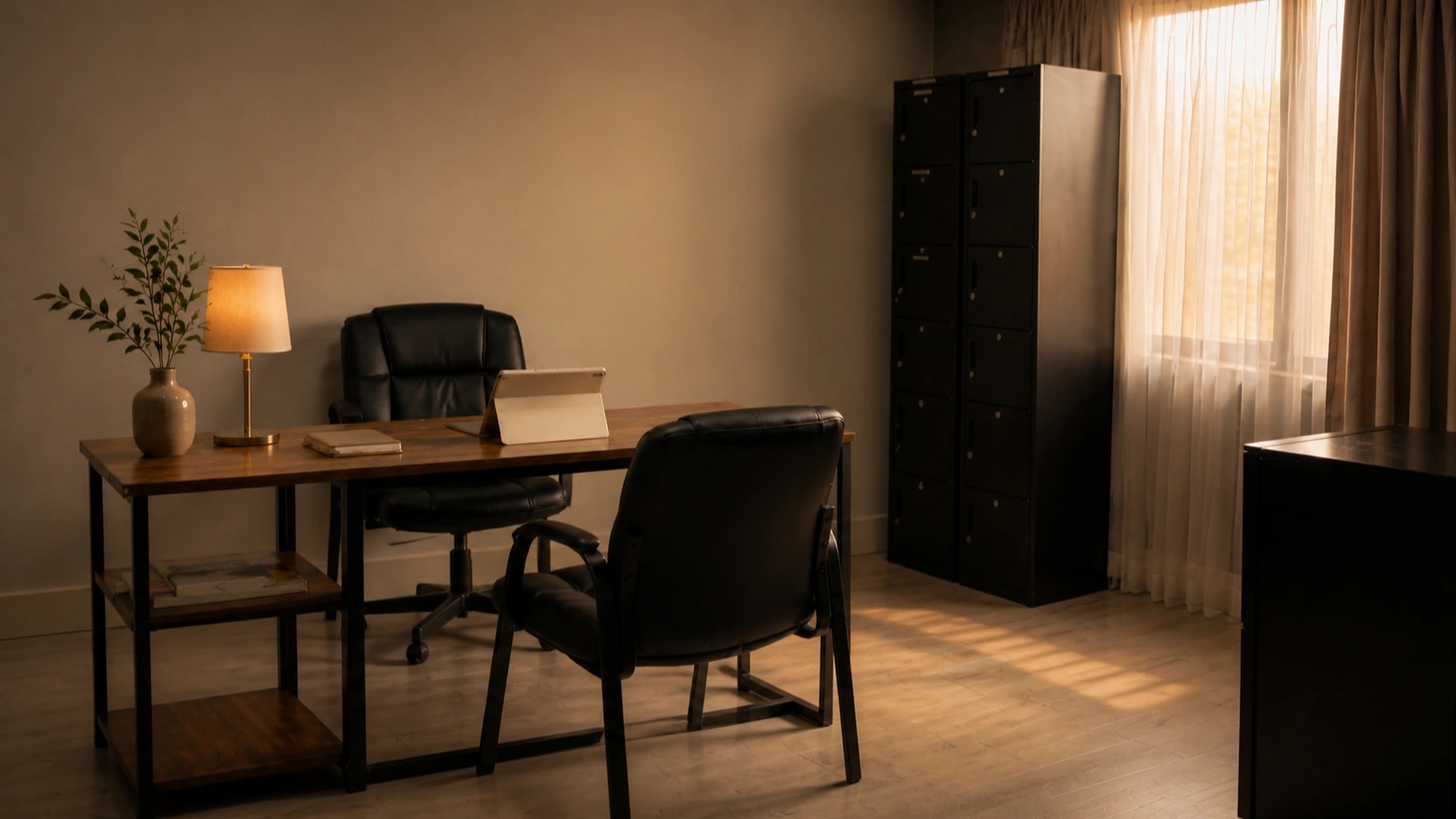 Two chairs at a wooden desk beside a curtained window.