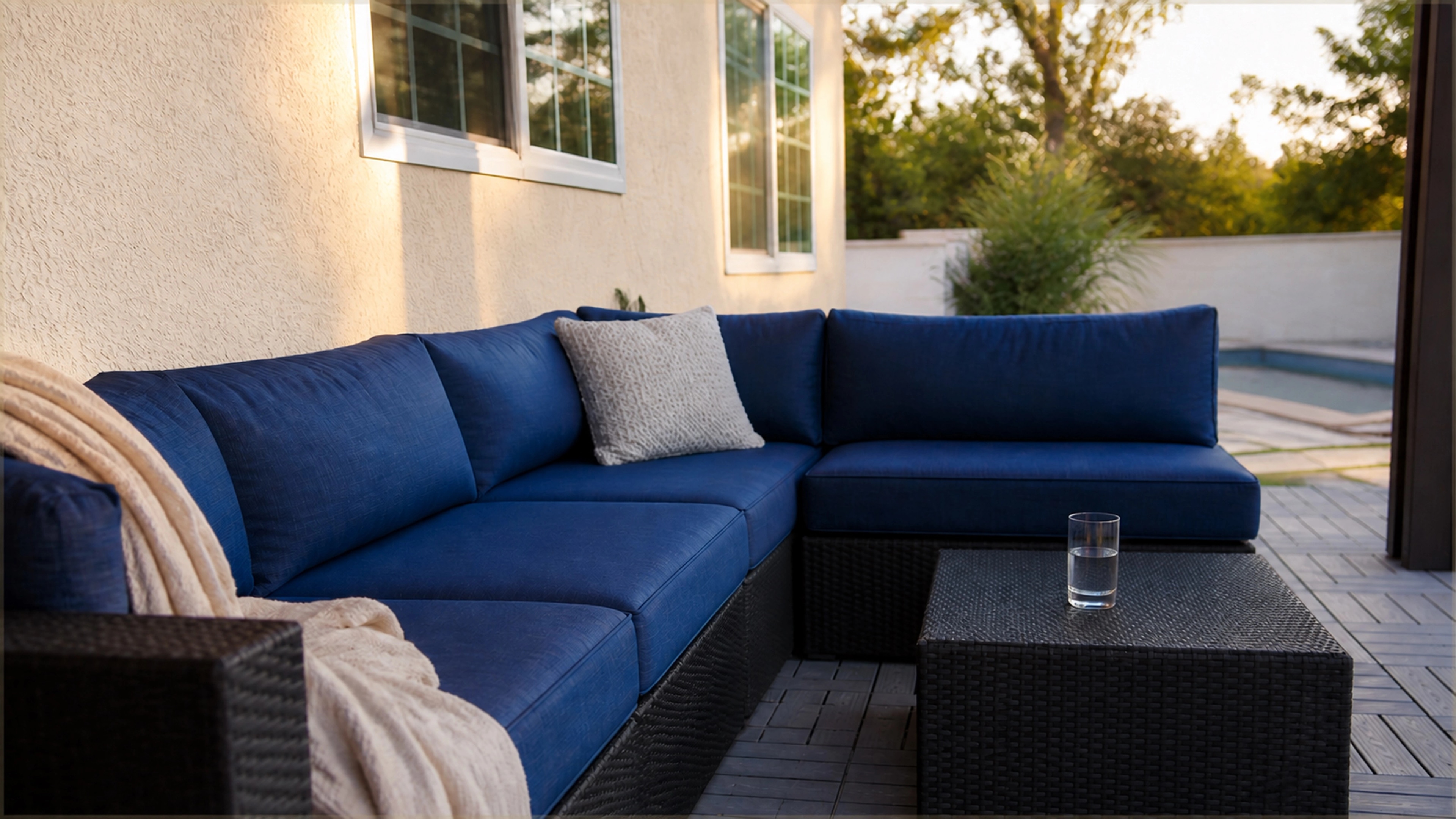 Blue outdoor sofa on a shaded terrace.