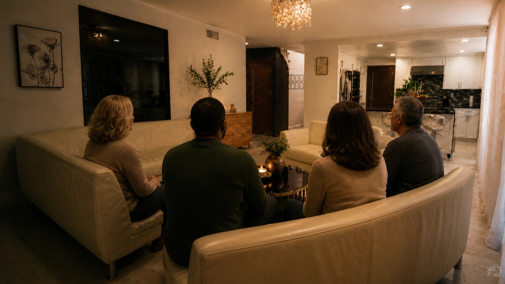 A small group seated together in the living room.