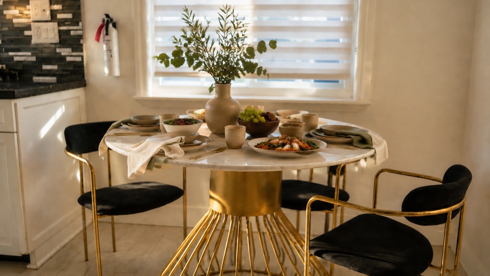 Dining table and chairs in warm daylight.