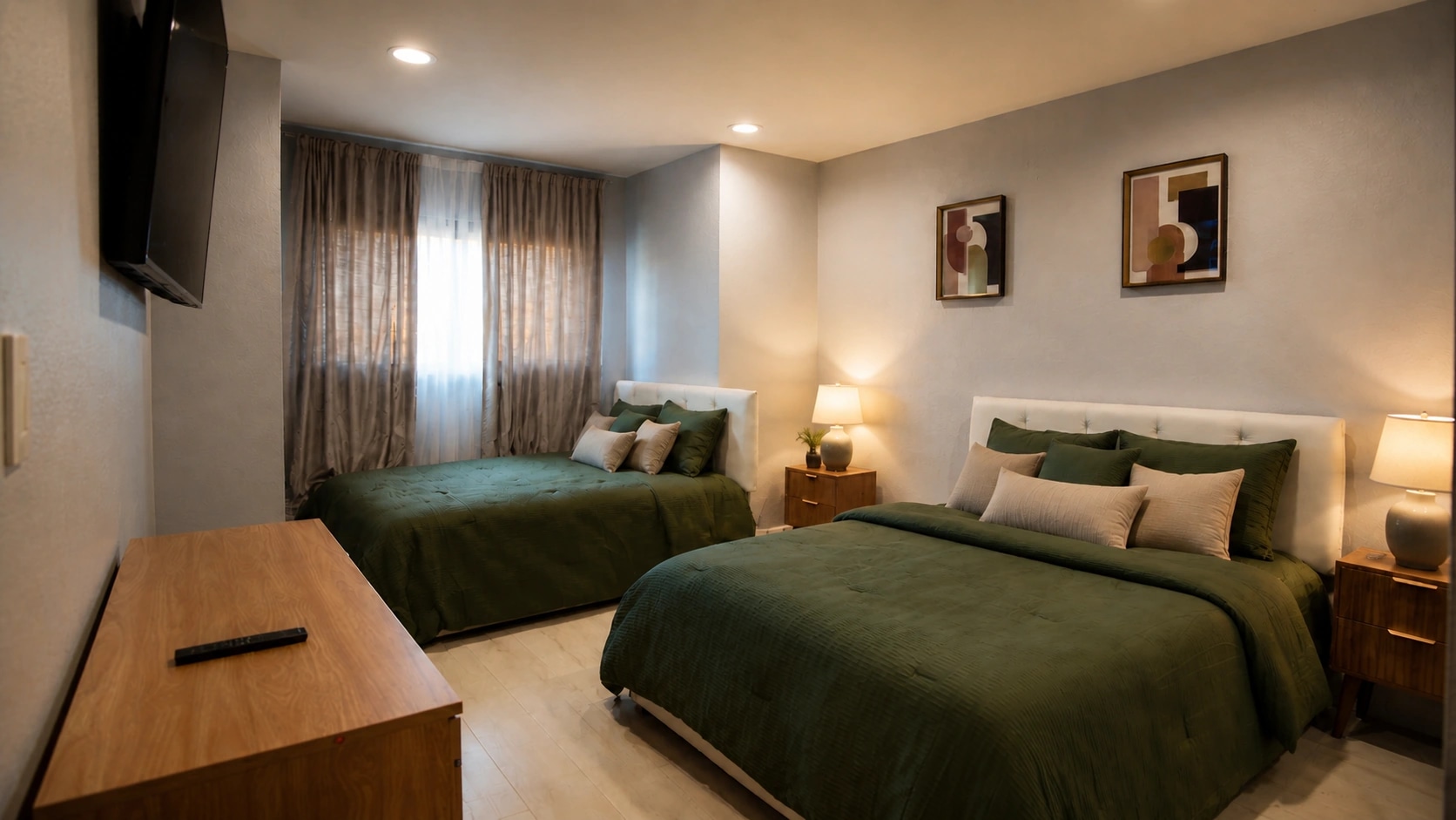 A quiet bedroom with green bedding and a desk.