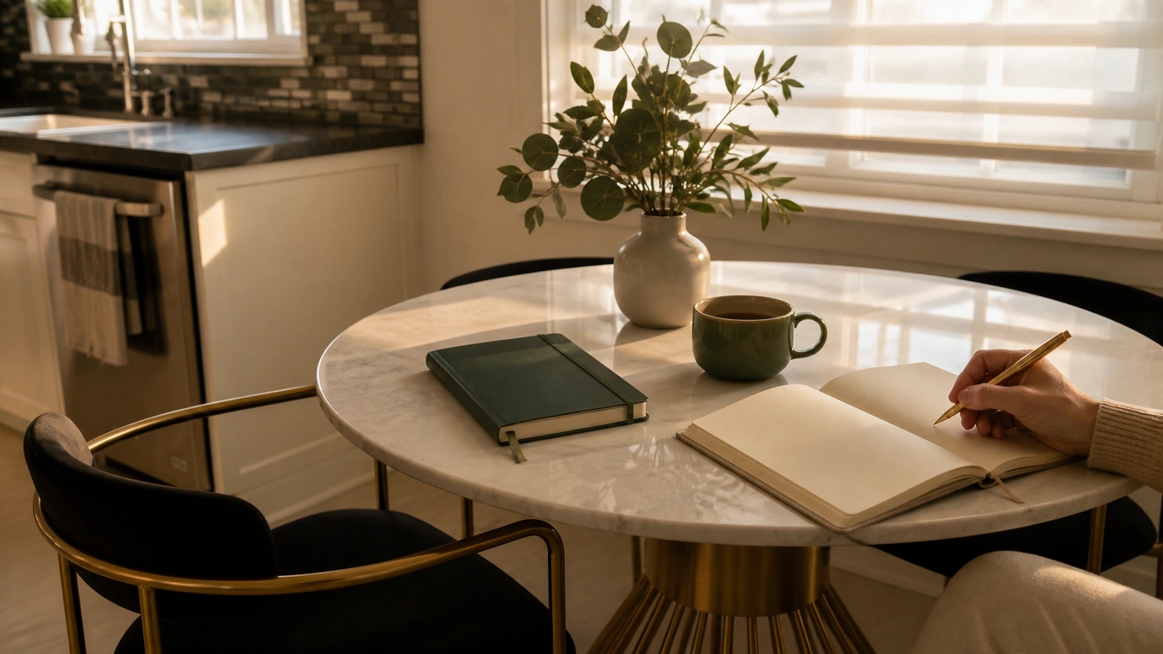 Open notebook and tea on a dining table.