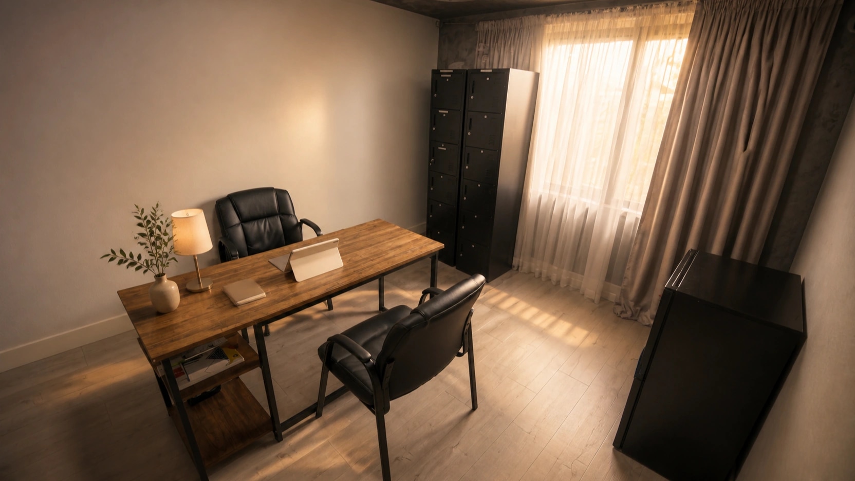 Wooden desk and two chairs beside a curtained window.