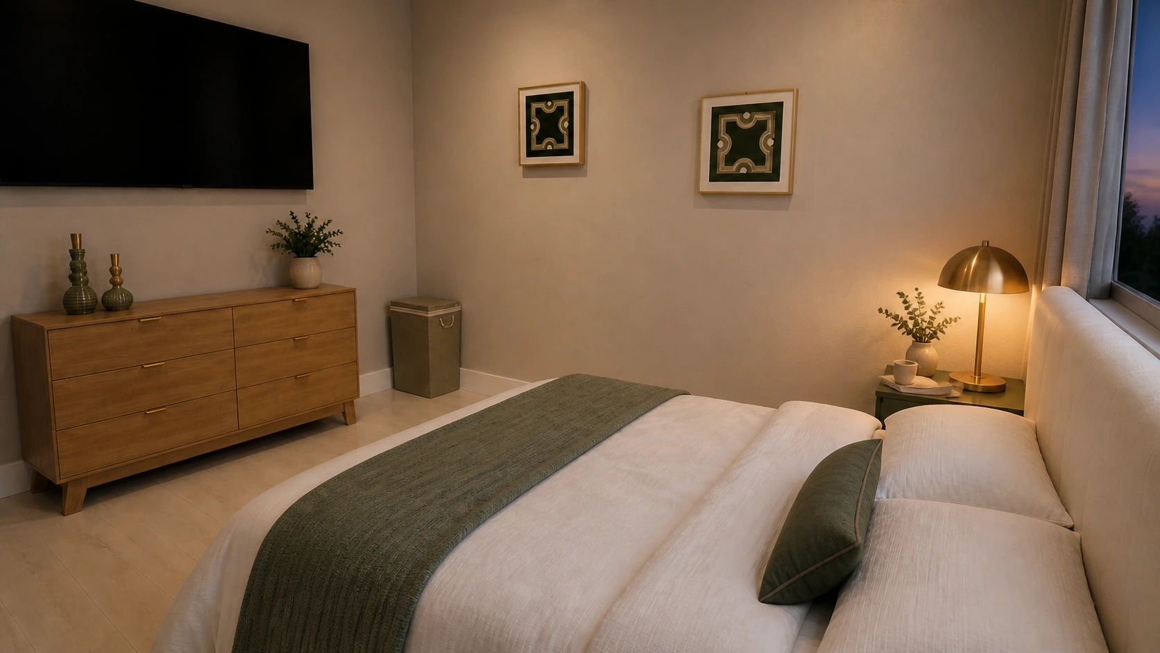 Bedroom with green bedding, a bedside lamp and drawers.