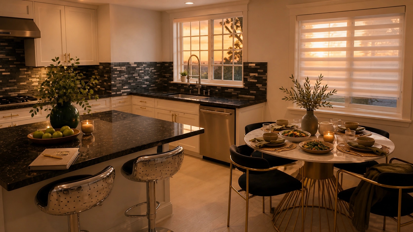 Kitchen and dining table in evening light.