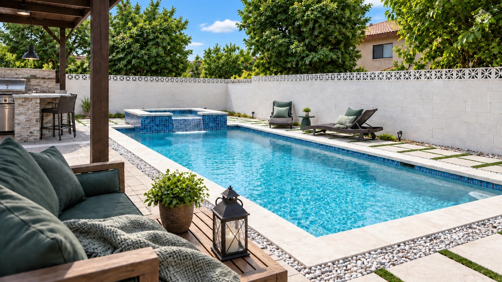 Pool and shaded outdoor seating in daylight.